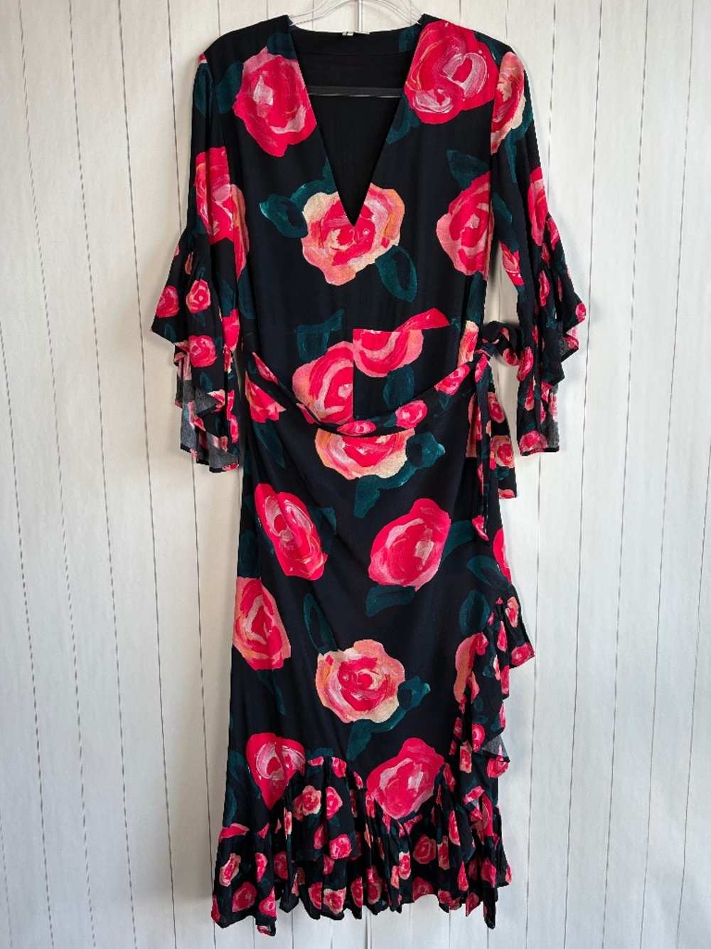 Anthropologie Blank London size M Verona faux wrap long dress black floral ruffl